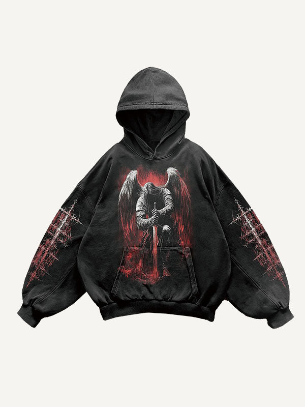 Figure&Sword Print Slant Pockets Hoodie