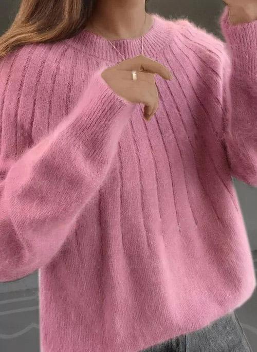  thdmladies Solid Round Neck Fluffy Knitting Sweater thedmladies