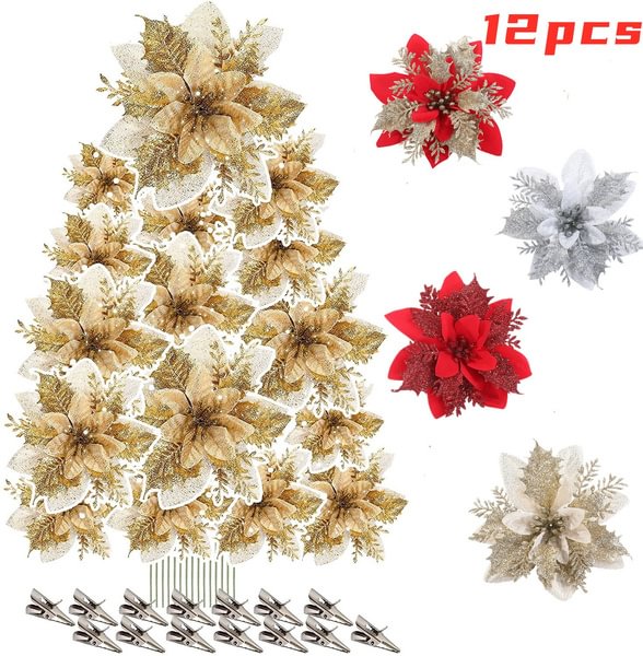 12/6Pcs Christmas Flowers Poinsettia Artificial Flowers With Clip Christmas And New Year Party Floral Decorations - Shop Trendy Women's Fashion | TeeYours