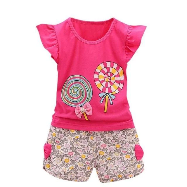 Toddler Baby Girls Lollipop T-shirt Tops Short Pants Outfit Outerwear Clothes