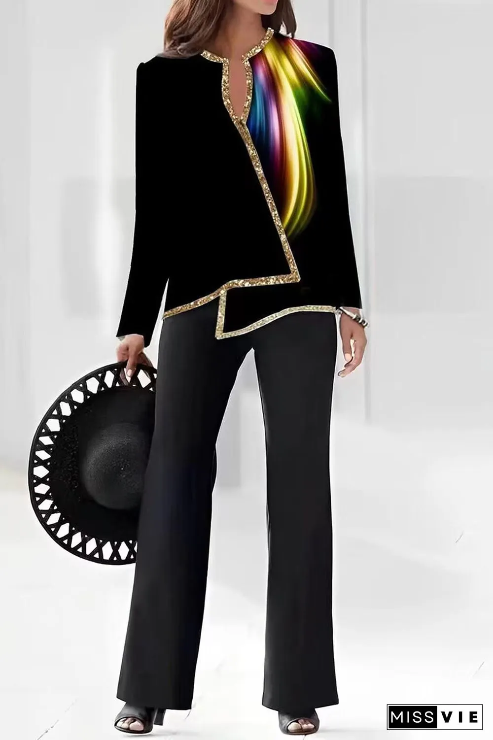 Casual Print Asymmetrical V Neck Long Sleeve Two Pieces
