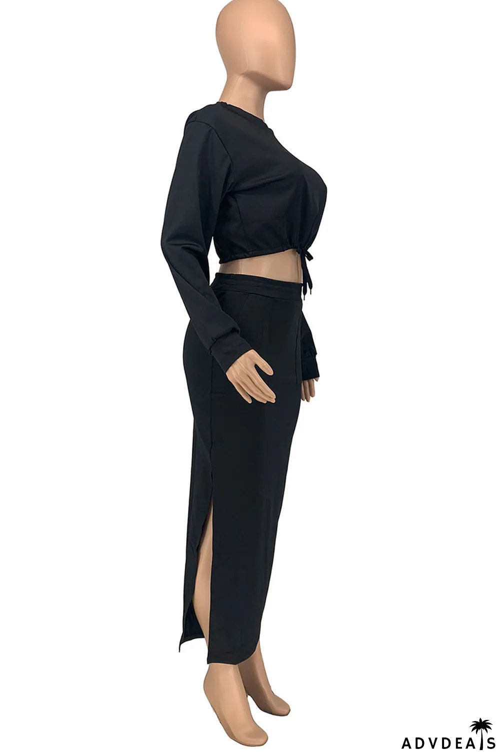 Blue Casual Solid Split Joint O Neck Long Sleeve Two Pieces