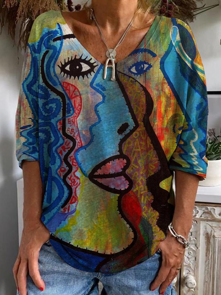 Women's Casual Comfortable Abstract Art Style Print Long-sleeved V-neck T-shirt