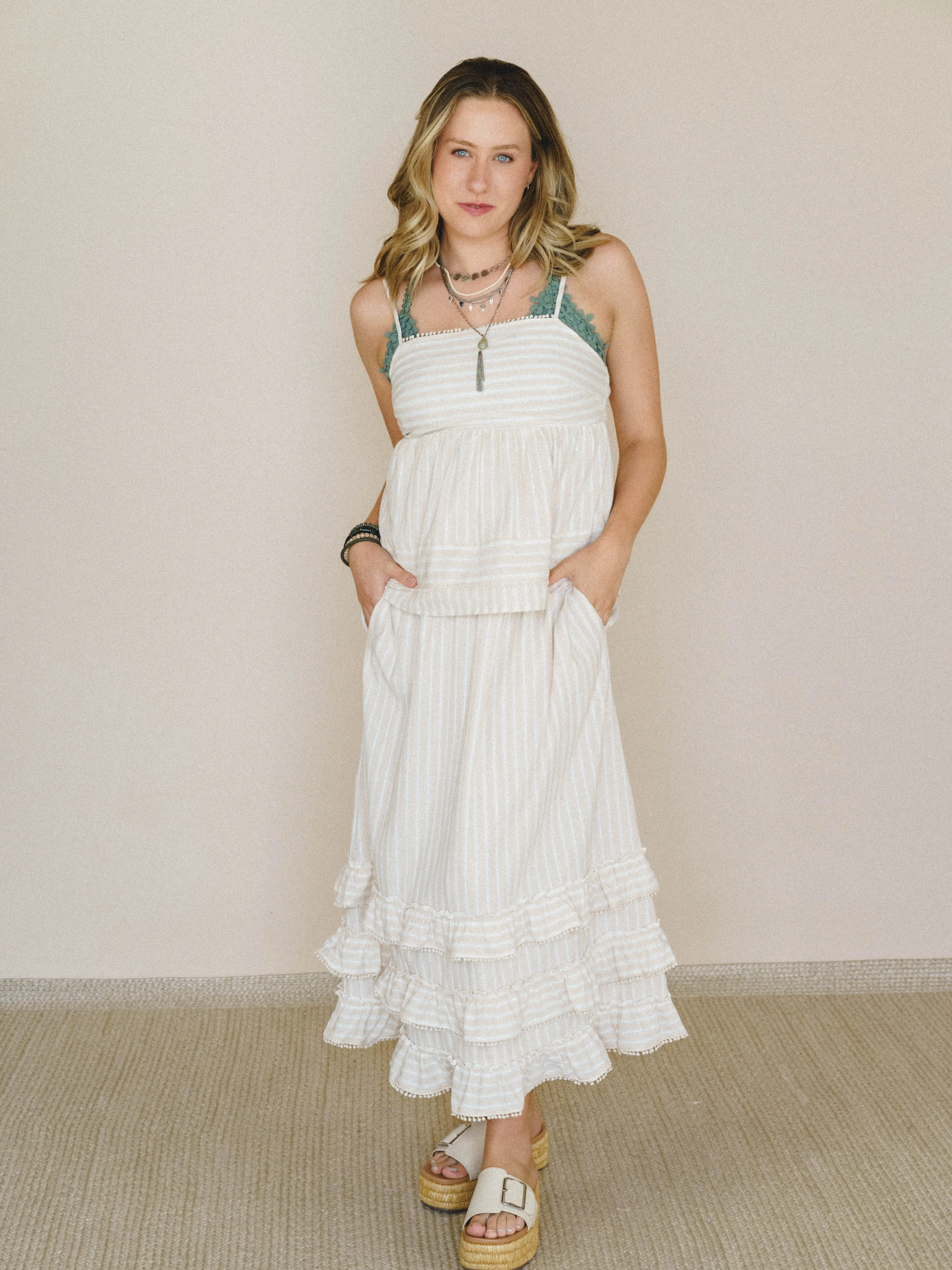 Freya Striped Ruffle Trim 2 Piece Set - Latte