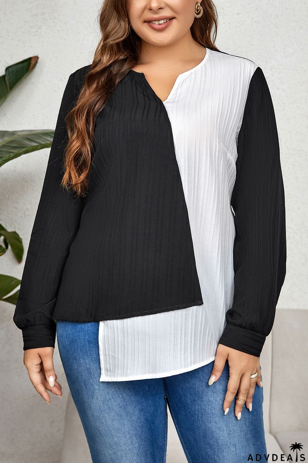 Plus Size Contrast Asymmetrical Long Sleeve Top