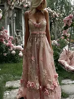 Women's Vintage Pink Rose Art V Neck Suspender Maxi Dress