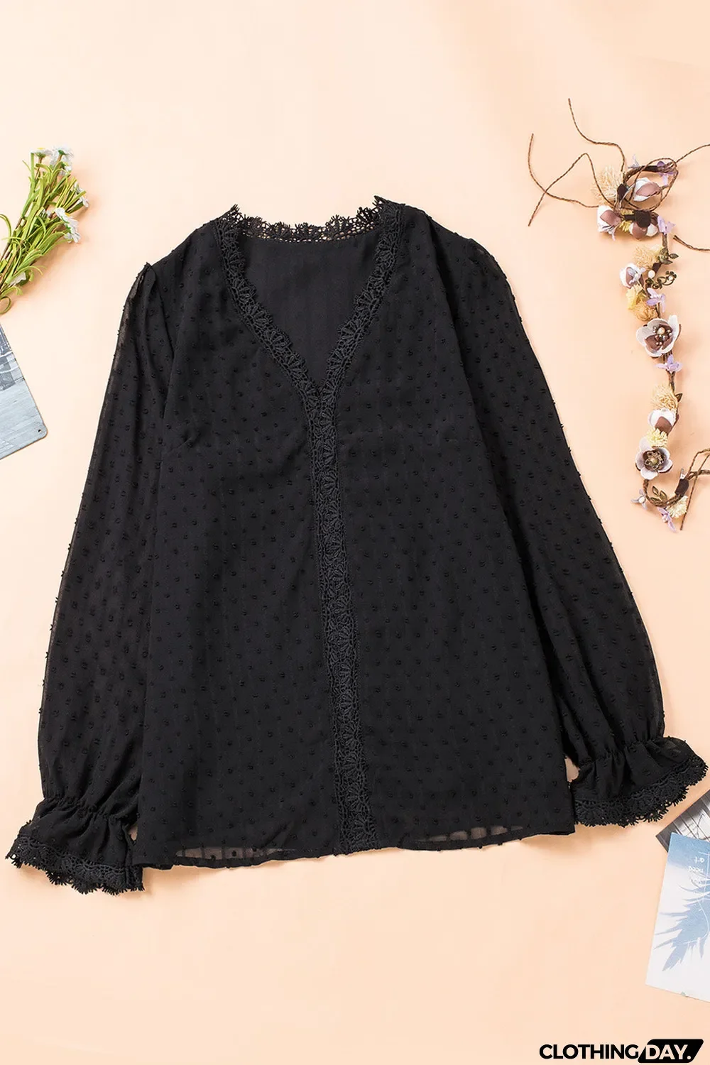 Elegant V-Neck Swiss Dot Lace Blouse