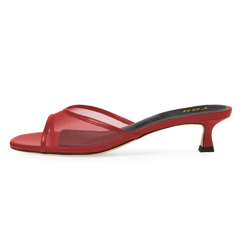 YDN Red Mesh Kitten Heel Open Toe Casual Slides for Women