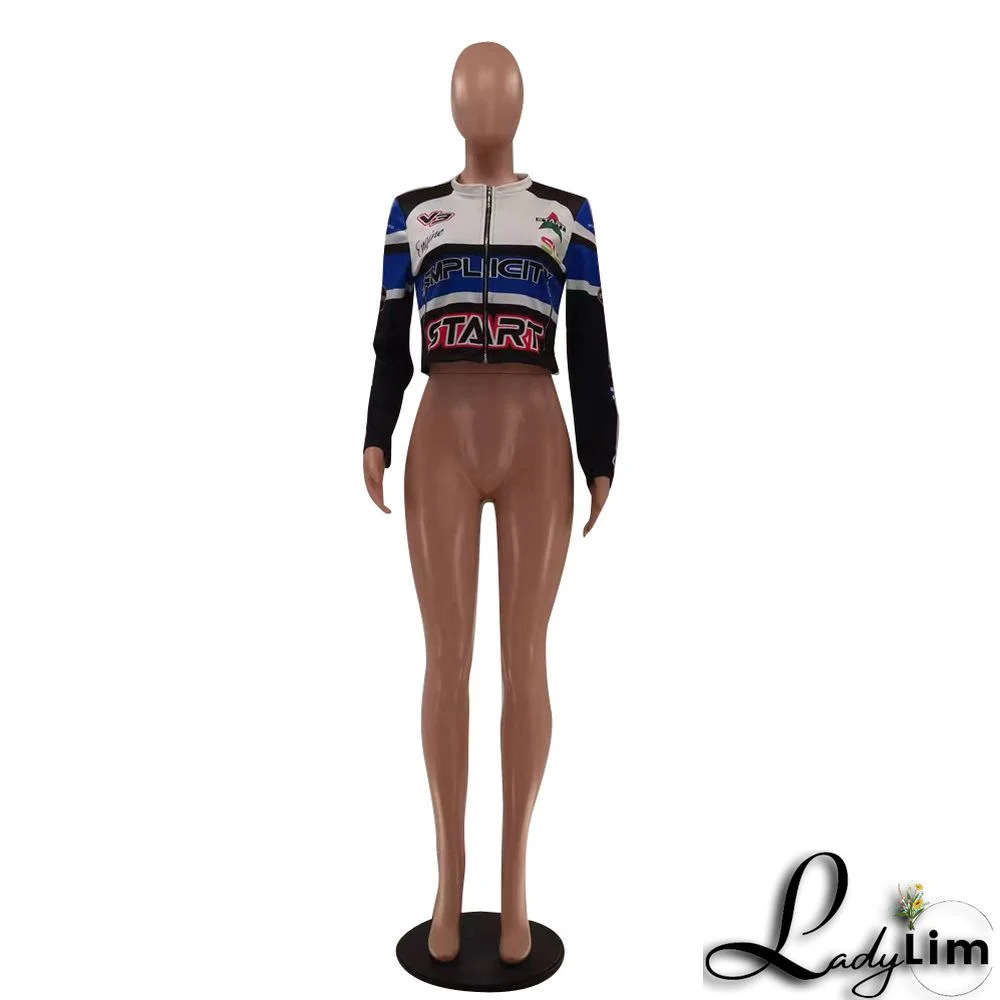 Women Round Neck Letter Print Long Sleeve Jacket