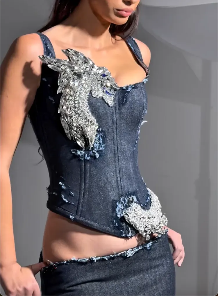 Distressed Denim Crystal Embellished Phoenix Embroidery Two-Piece Set