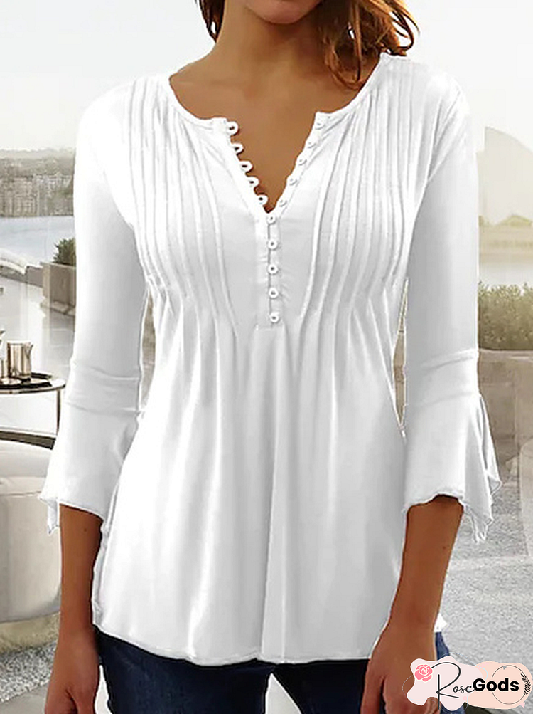 V Neck Buttoned Casual Plain Three Quarter Sleeve Ruched Tunic Top