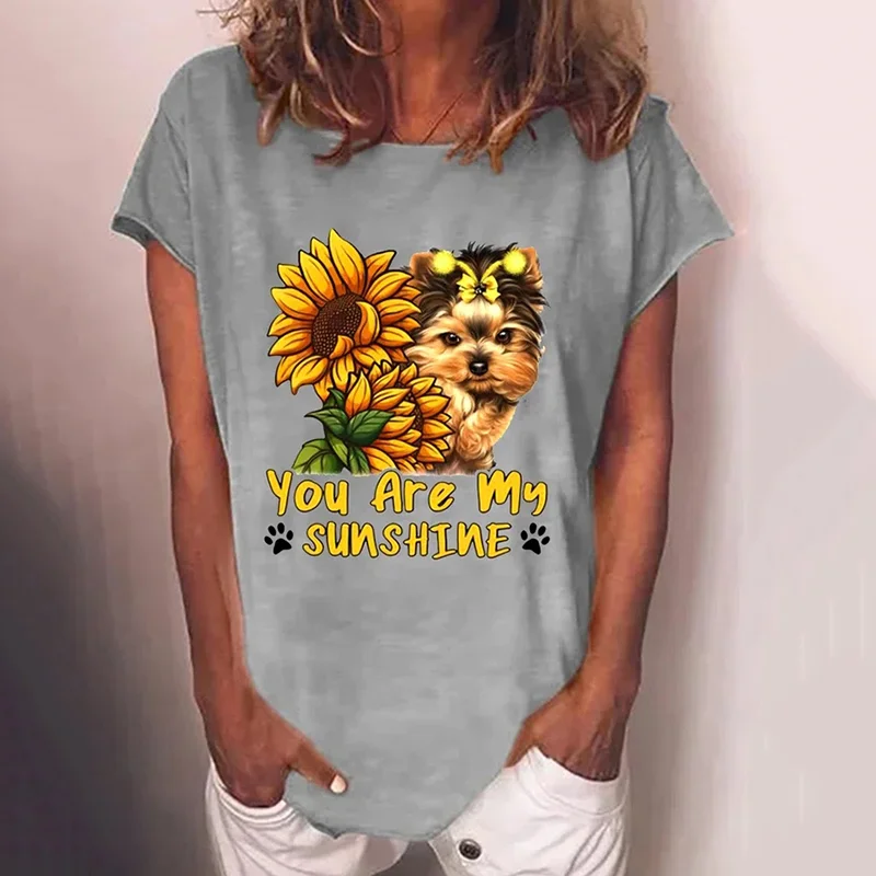 Casual Dog Sunflower Graphic Print T-Shirt