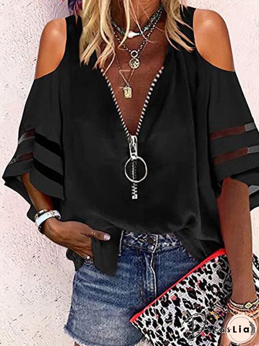 Women'S Blouses V-Neck Zip Flare Sleeves Mesh Panel Casual Blouse