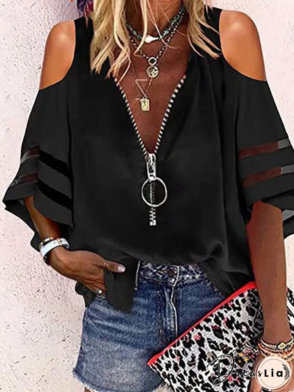 Women'S Blouses V-Neck Zip Flare Sleeves Mesh Panel Casual Blouse