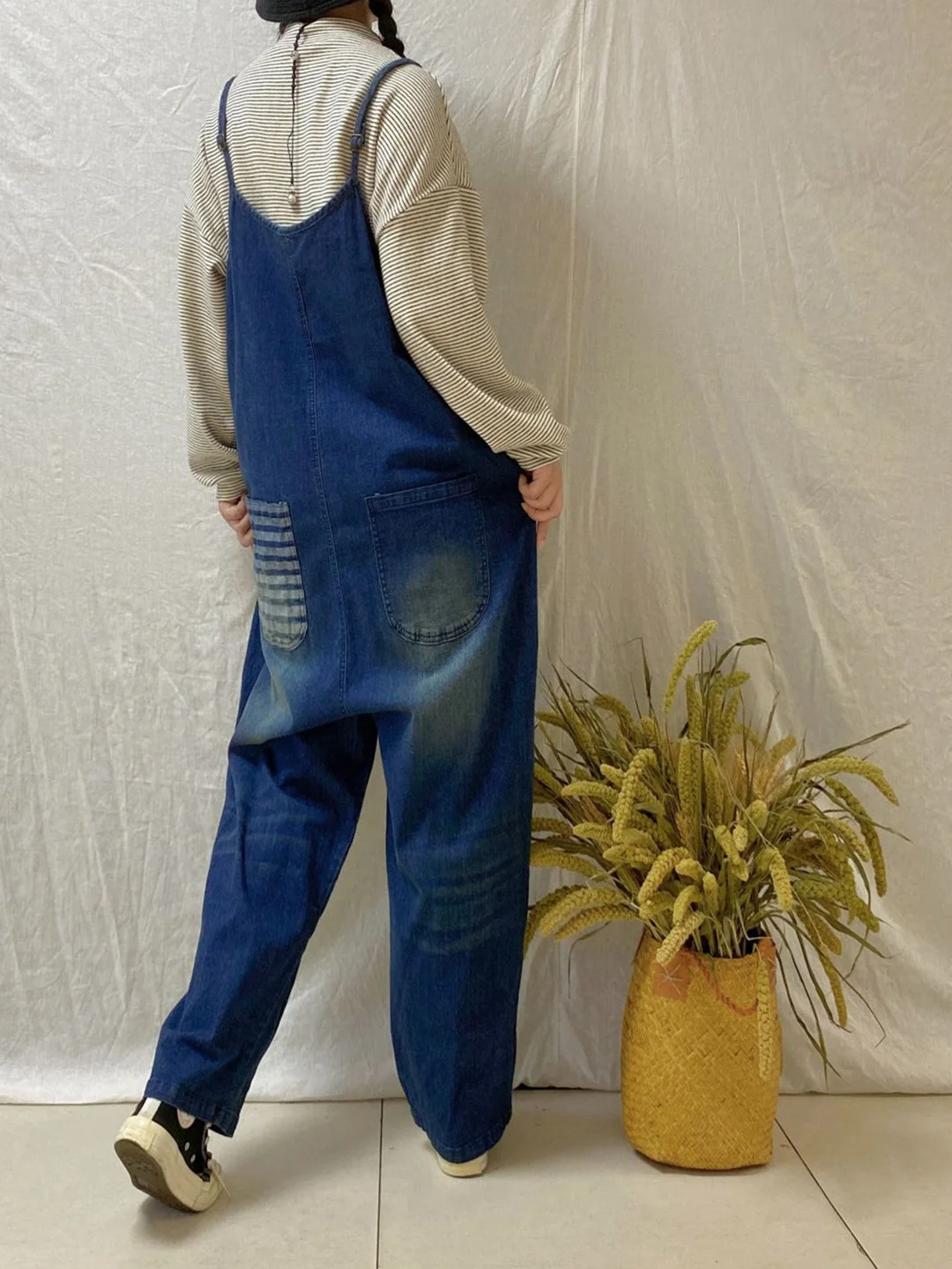 Women's Casual Retro Cropped Workwear Denim Overalls Jumpsuit