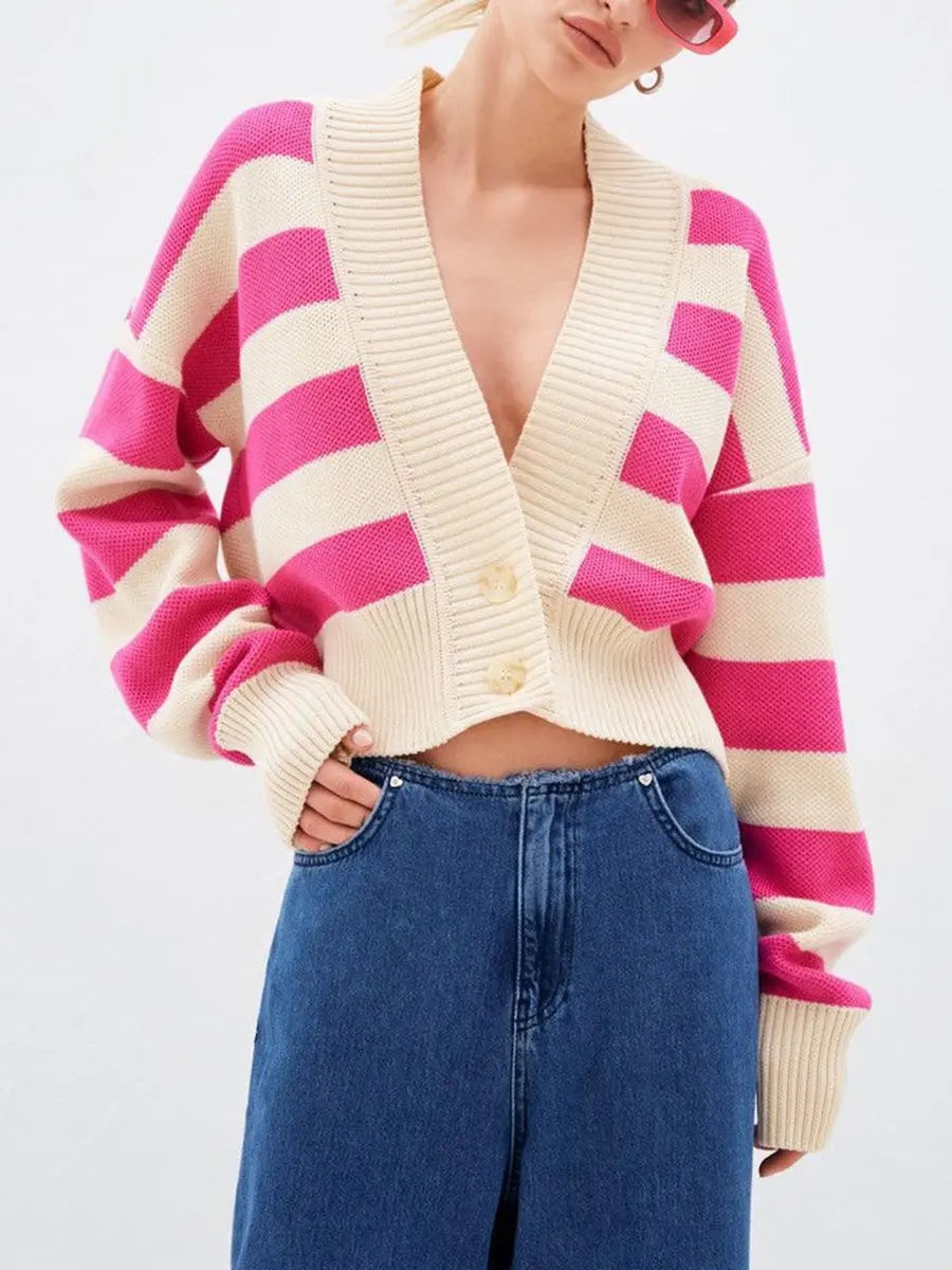 V Neck Striped Loose Long Sleeve Cardigans
