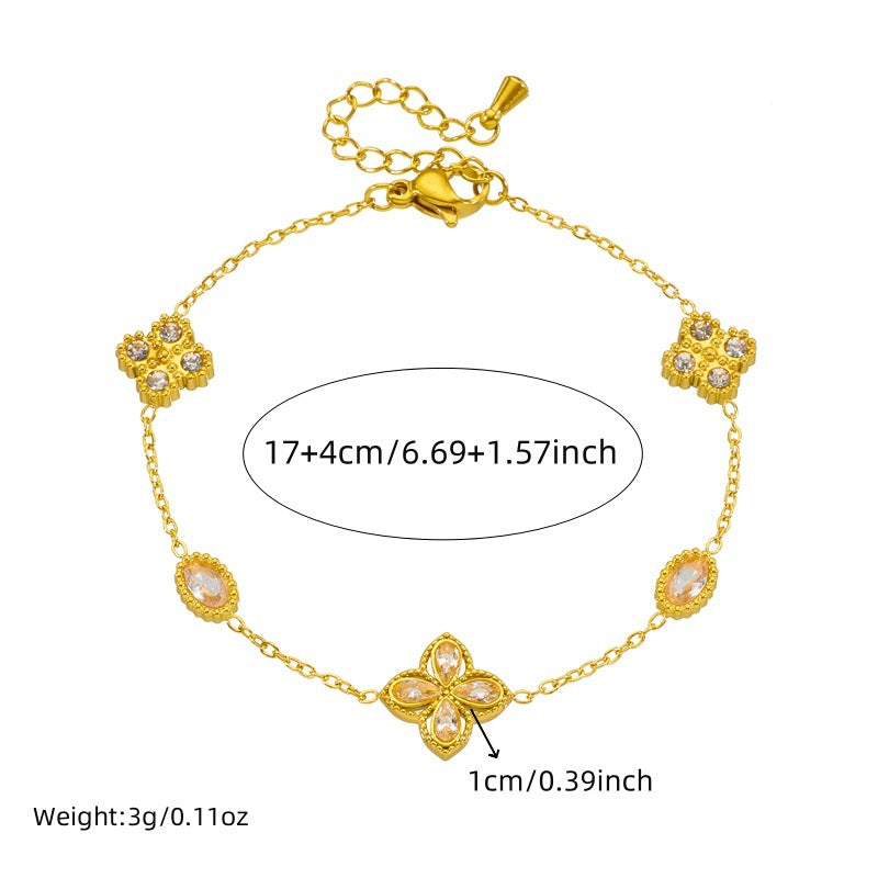 Fashionable Diamond-Shaped Four-Petal Flower Double-Layered Chain Pearl Accessories Geometric Stainless Steel Bracelet4