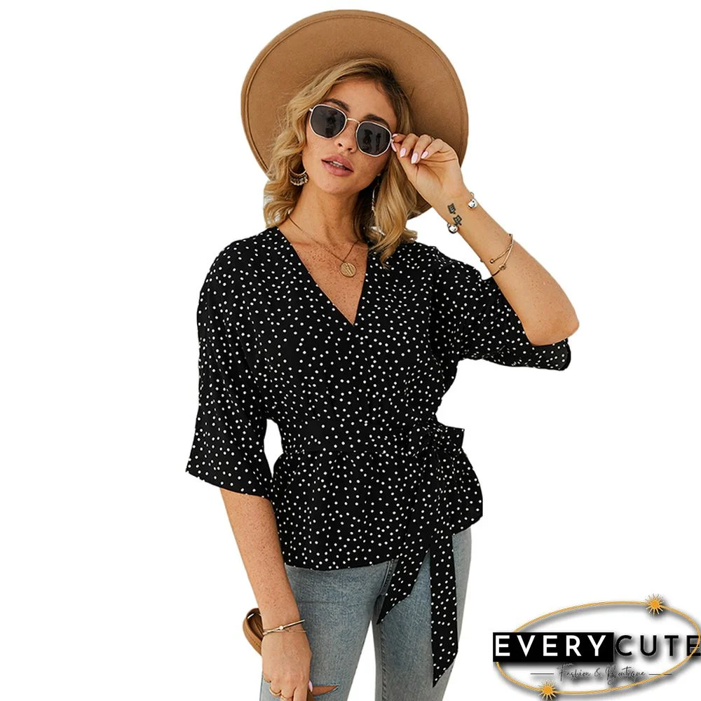 Black Polka Dot V-Neck Wrap Front Blouse