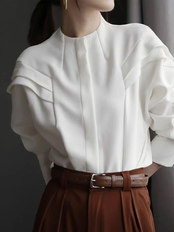 Pleated Solid Color Split-Joint Batwing Sleeves Loose Round-Neck Blouses