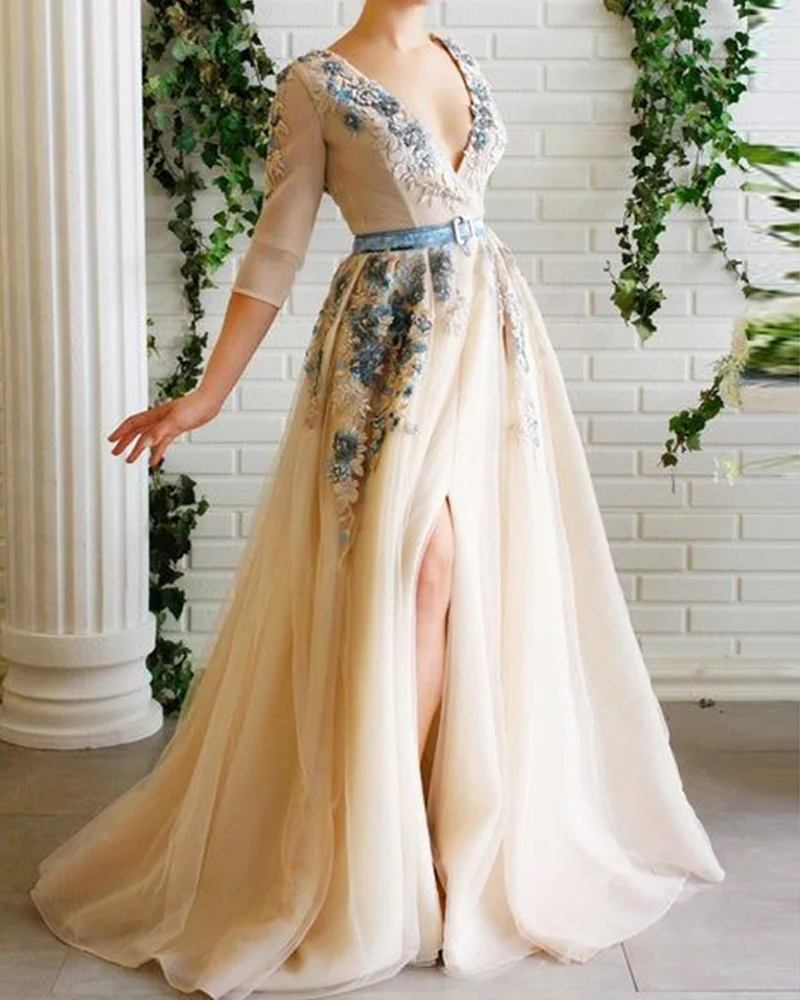 Embroidered slit maxi dress evening gown