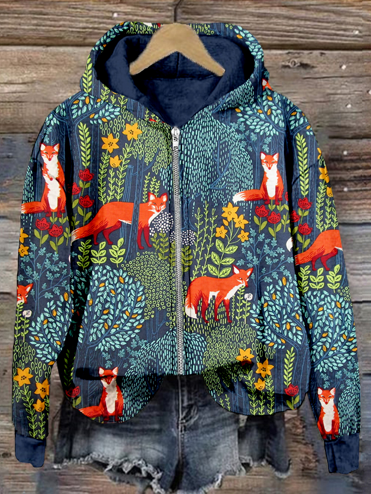 Fox in the Forest Graphic Zip Up Comfy Hoodie wearshes