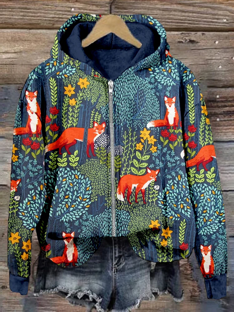 Comstylish Fox in the Forest Graphic Zip Up Comfy Hoodie