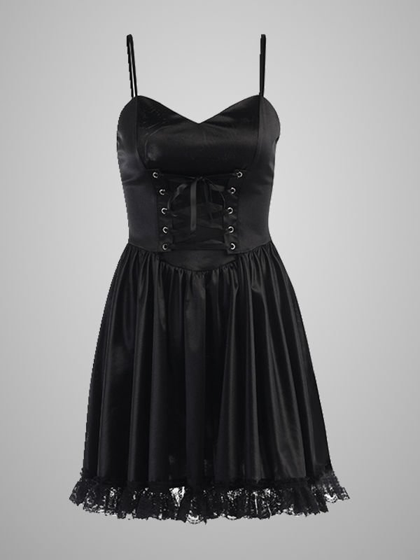 Vintage Black Lace Up Paneled Spaghetti Straps Dress