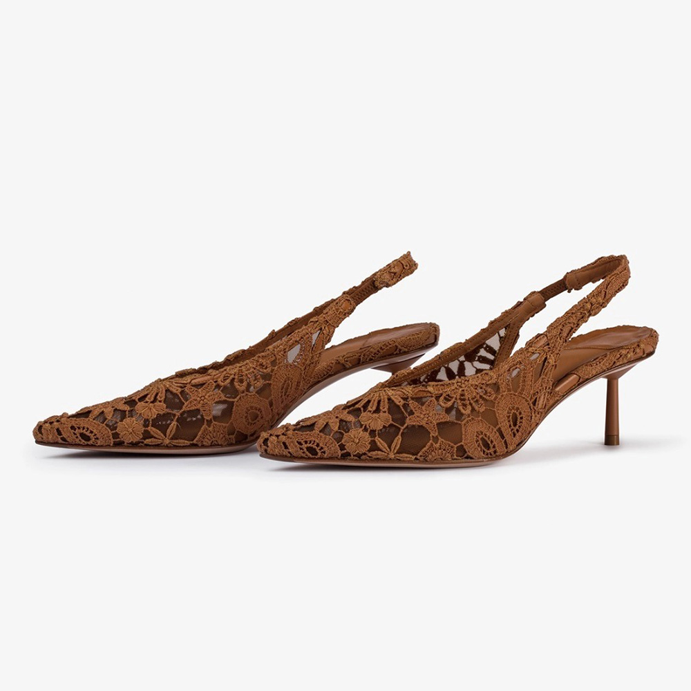 Brown Lace Pointed Toe Kitten Heel Classic Slingback Pumps Nicepairs