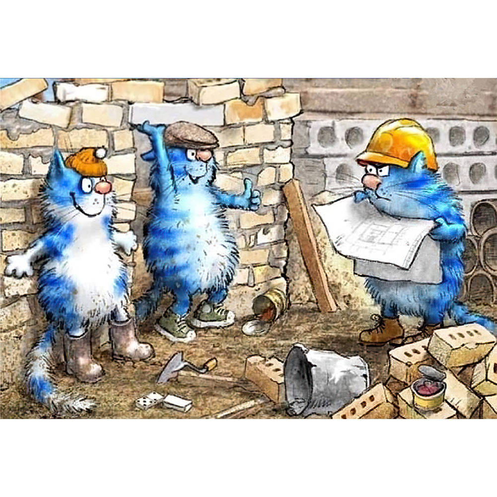 

40*30CM - Round Drill Diamond Painting - Cute Blue Cat, 501 Original