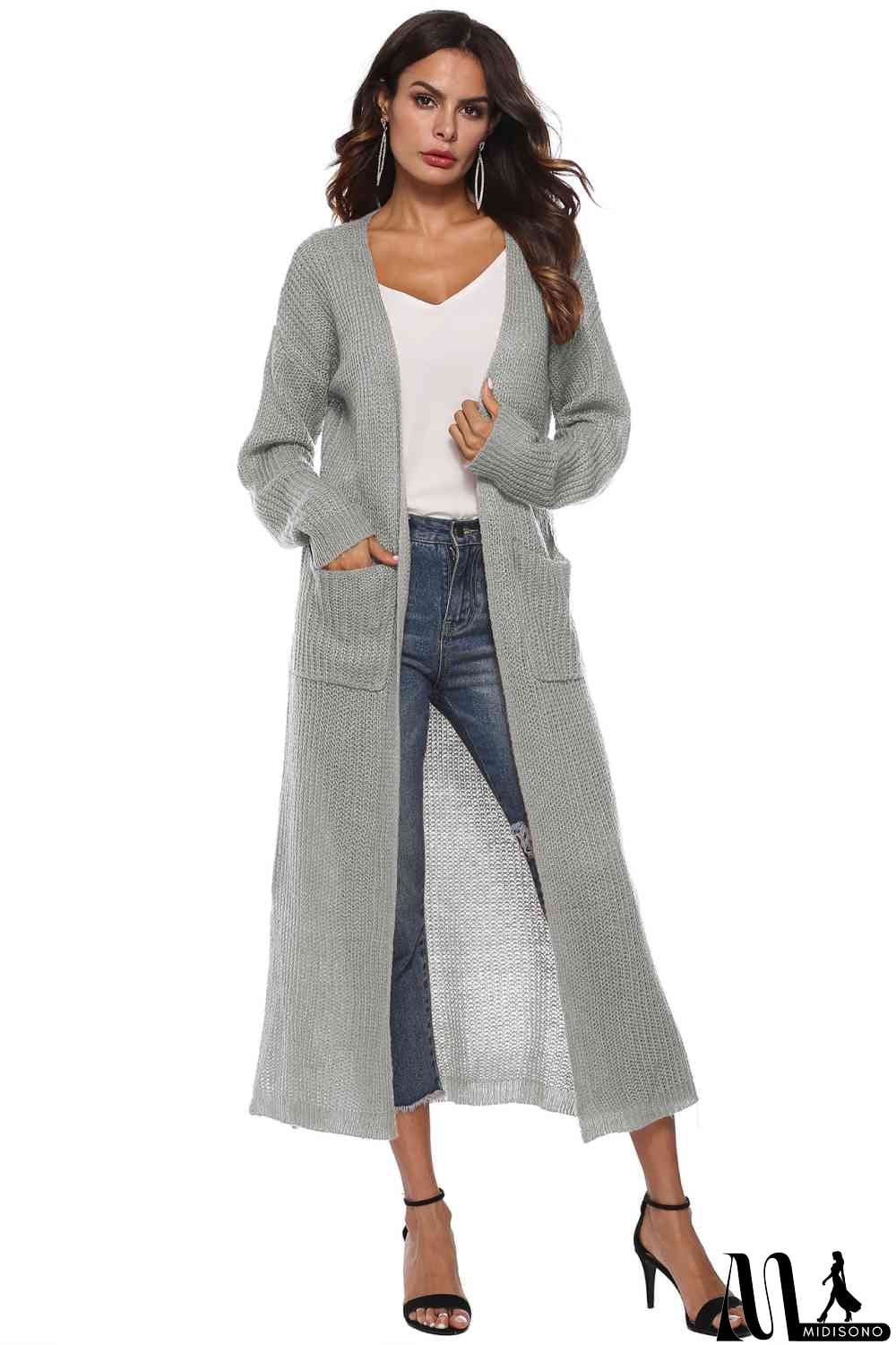 MidiSono - Long Sleeve Open Front Buttoned Cardigan