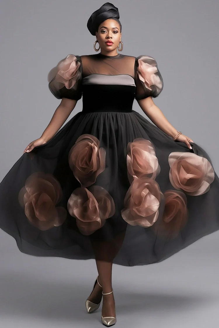 Xpluswear Design Plus Size Wedding Guest Black Floral Round Neck Puff Sleeve Short Sleeve See Through Elegant Organza Midi Dresses [Pre-Order] 2024 - Xpluswear