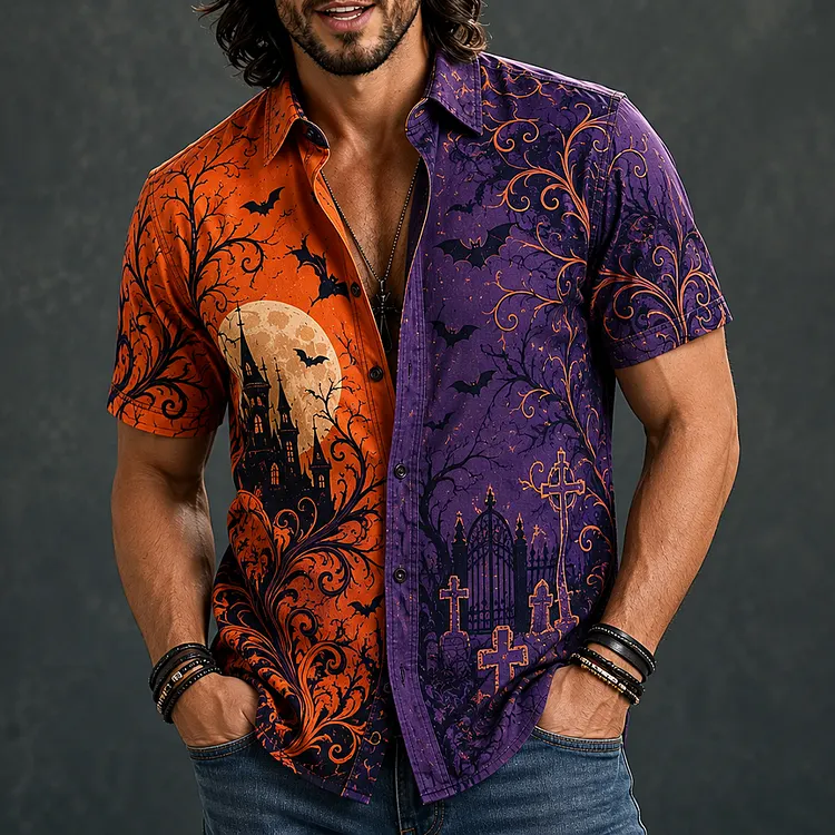 Men's Short Sleeve Lapel Casual Shirt With Split Orange And Purple Color Halloween Castle, Moon, And Cemetery Print