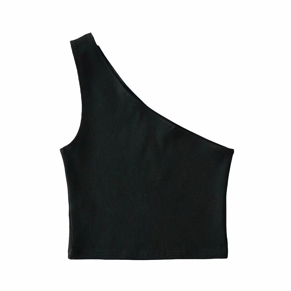 Churchf Churchf Autumn / Winter Ebay Sleeveless Diagonal Shoulder Vest Female Ins Fashion Wear A Slim Open Shoulder Short Crop Top