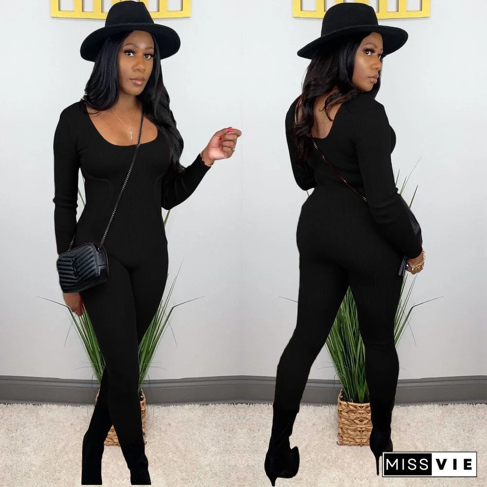 Autumn Sexy Knitted Solid Colors Long Sleeve Bodycon Jumpsuit