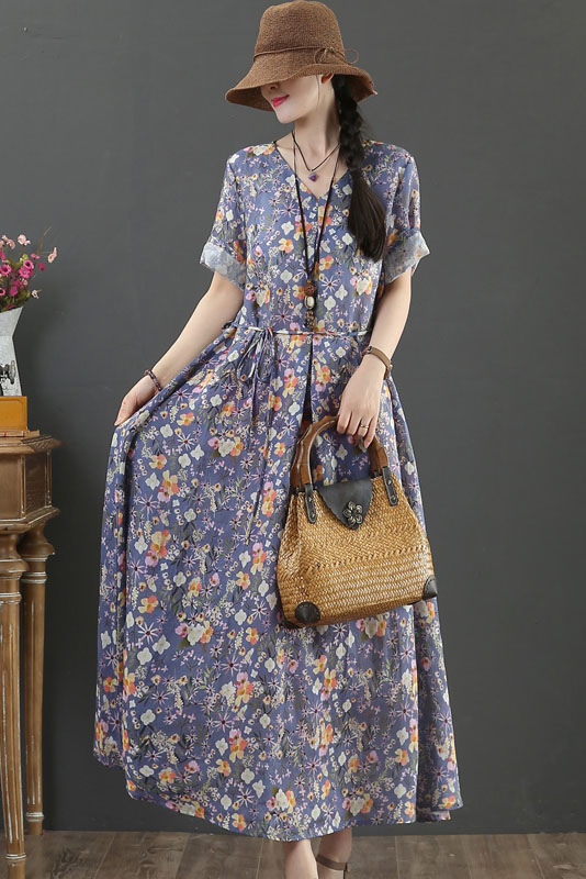 Plus Size-Summer Pure Ramie Print A-line Long Dress Short Sleeve Purple ...