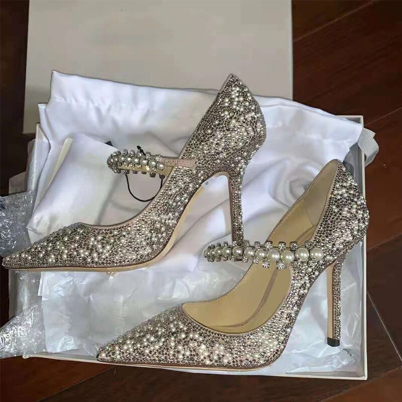 VCSHOES Pearl Crystal Banquet Stiletto Pumps Woman Rhinestones Pointed Toe High Heels Dress Bridesmaid Bride Wedding Shoes