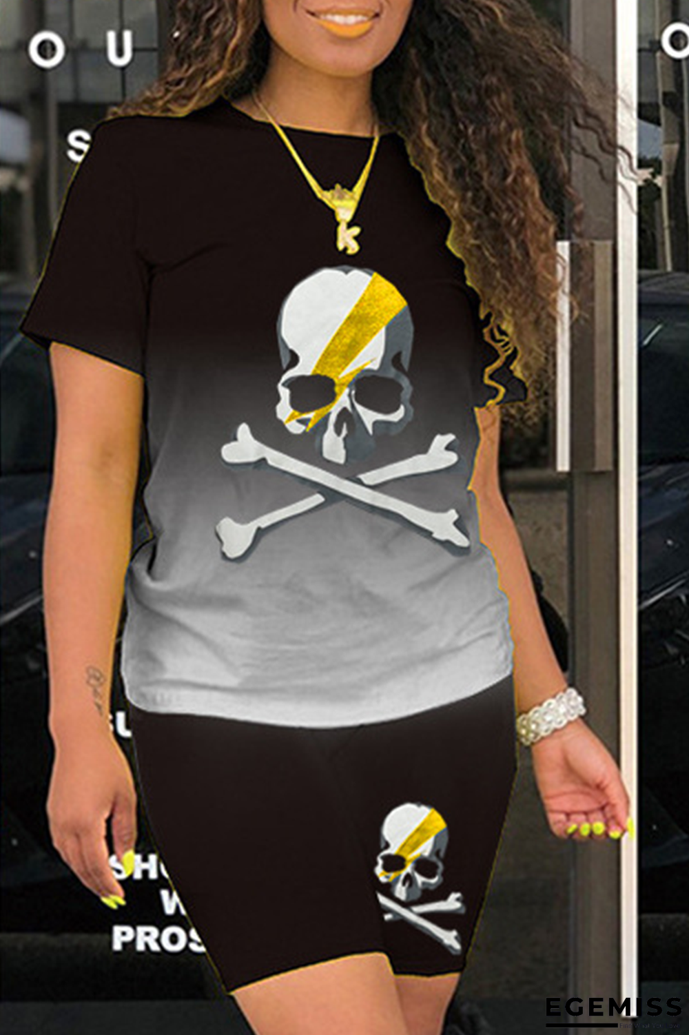 Black Casual Gradual Change Printing O Neck Short Sleeve Two Pieces | EGEMISS