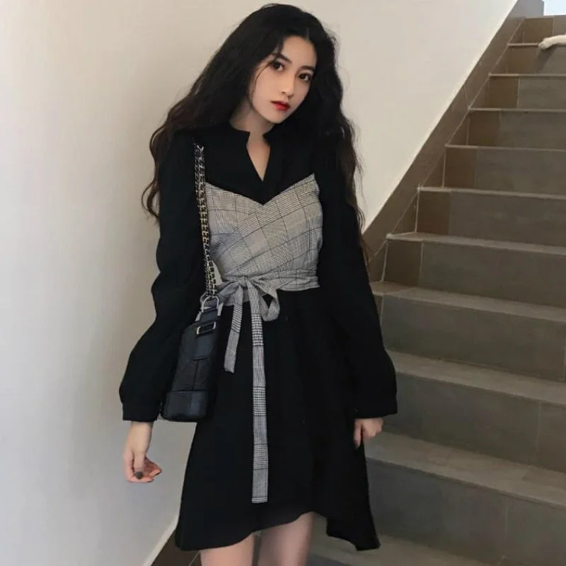 Long Sleeve Dress Women Fake Two Pieces Lace Up Elegant Leisure Simple Patchwork Ladies Vintage Fiesta Korean Style Chic Trendy
