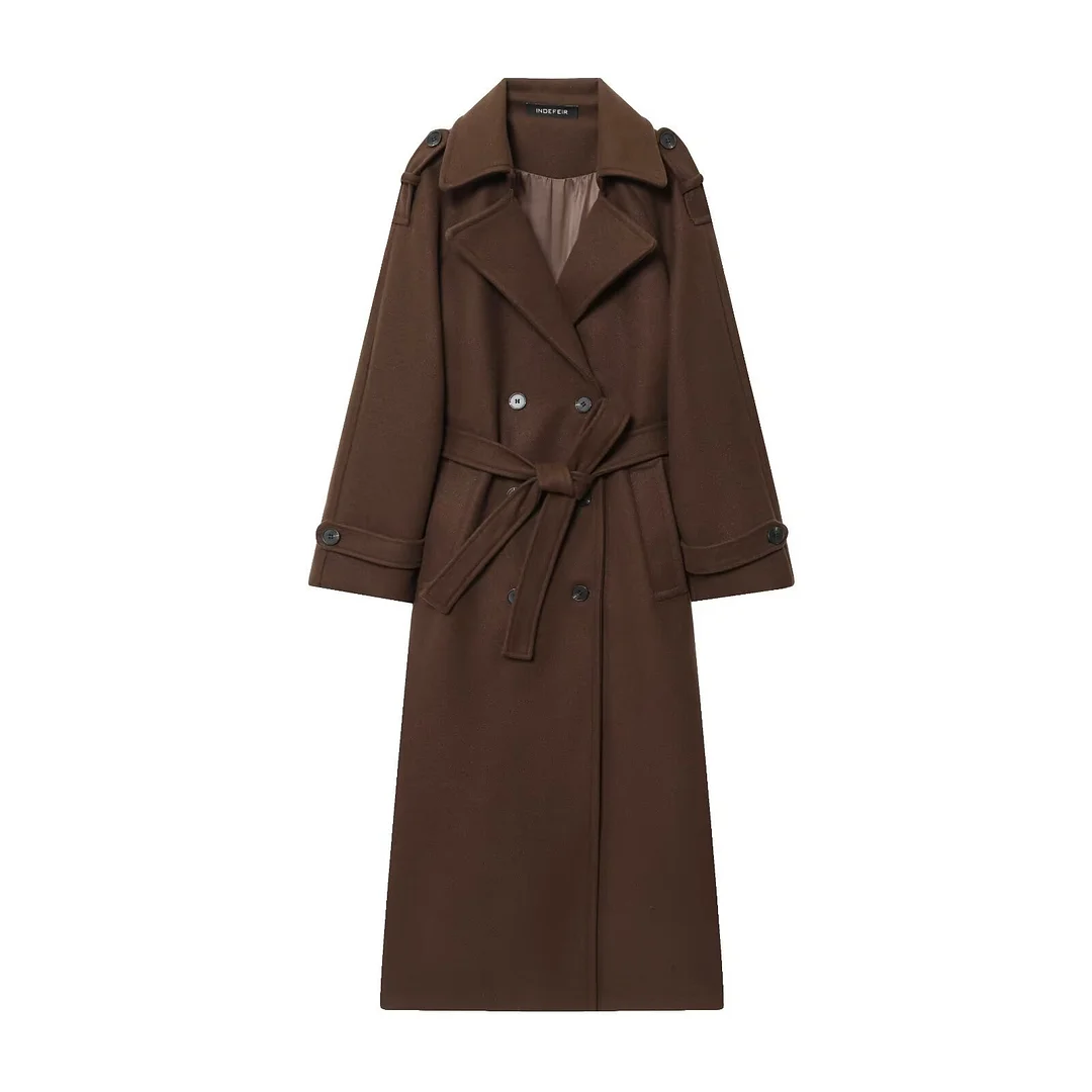 Nigikala Nigikala Autumn New Female Retro Leisure Double Buckle With Belt Long Hair Coat
