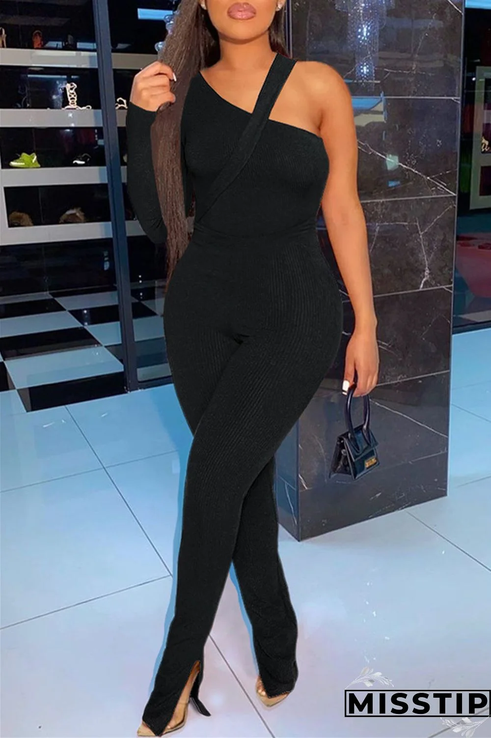 Black Fashion Casual Solid Patchwork Slit Oblique Collar Long Sleeve Two Pieces