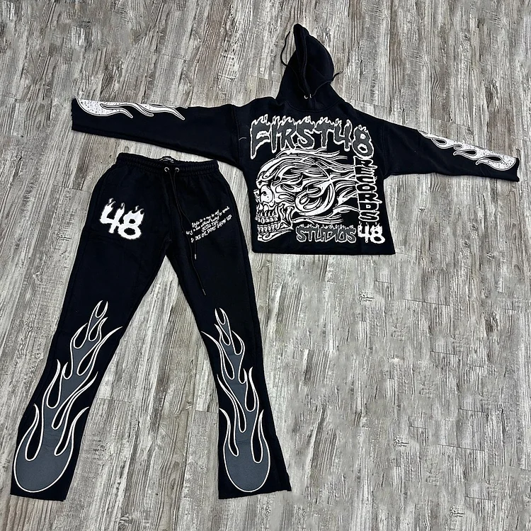 Y2k Frist 48 Records Fire Skull Graphic Pullover Hoodie & Flared Trousers