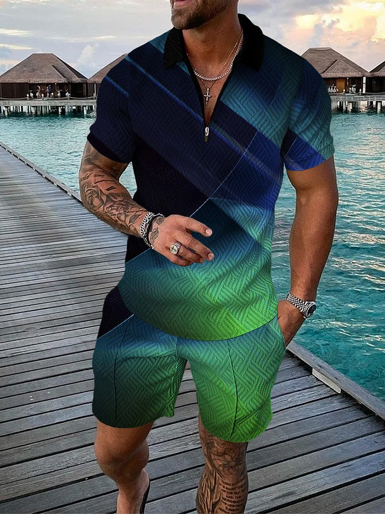 Men's Fashion Printed Zip Polo Shirt and Shorts Two-Piece Suits