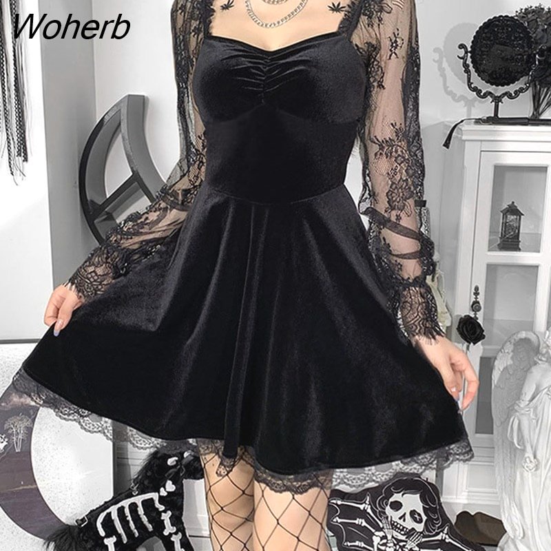 Woherb Women Gothic Lolita Dresses Black Vintage Lace-up Long Sleeve Dress Punk Goth Dresses Cosplay Party Prom Velvet Dresses
