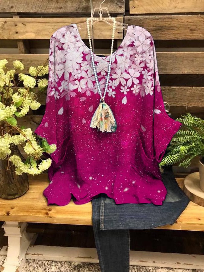 Women's Fuchsia Cherry Blossom Flower Print Casual Short Sleeves