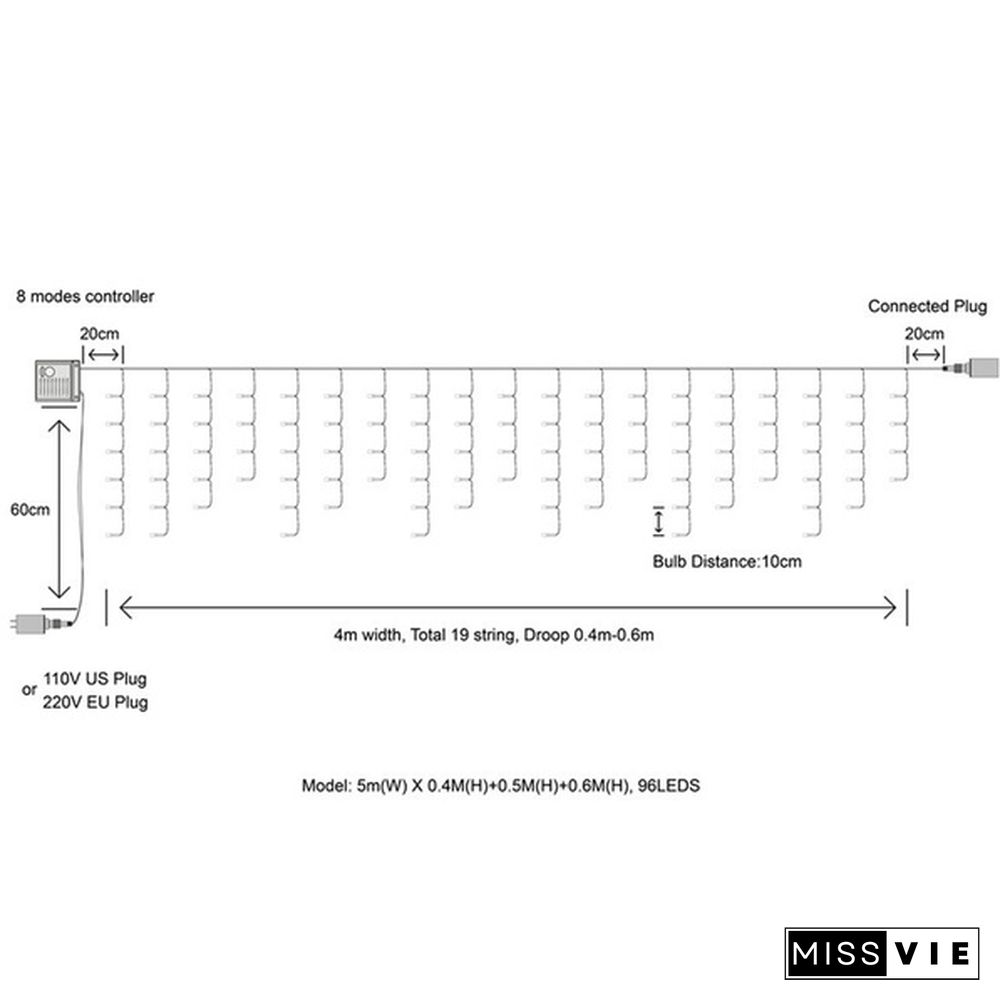 5M Christmas LED Curtain Icicle String Light Droop 0.4-0.6m Party Garden Stage Outdoor Waterproof Decorative Fairy Light