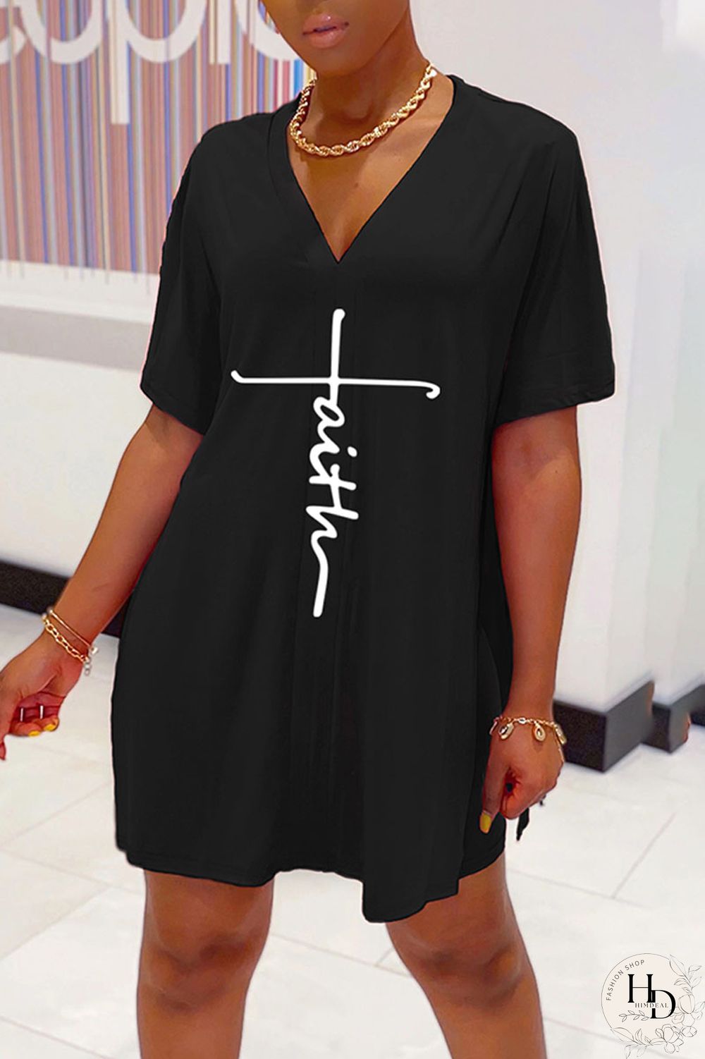 Black Casual Print Split Joint V Neck Short Sleeve Two Pieces