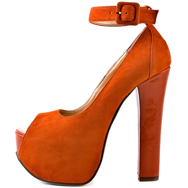 Women's Orange Ankle strap Platform Pumps Peep Toe High Heels |FSJ Shoes