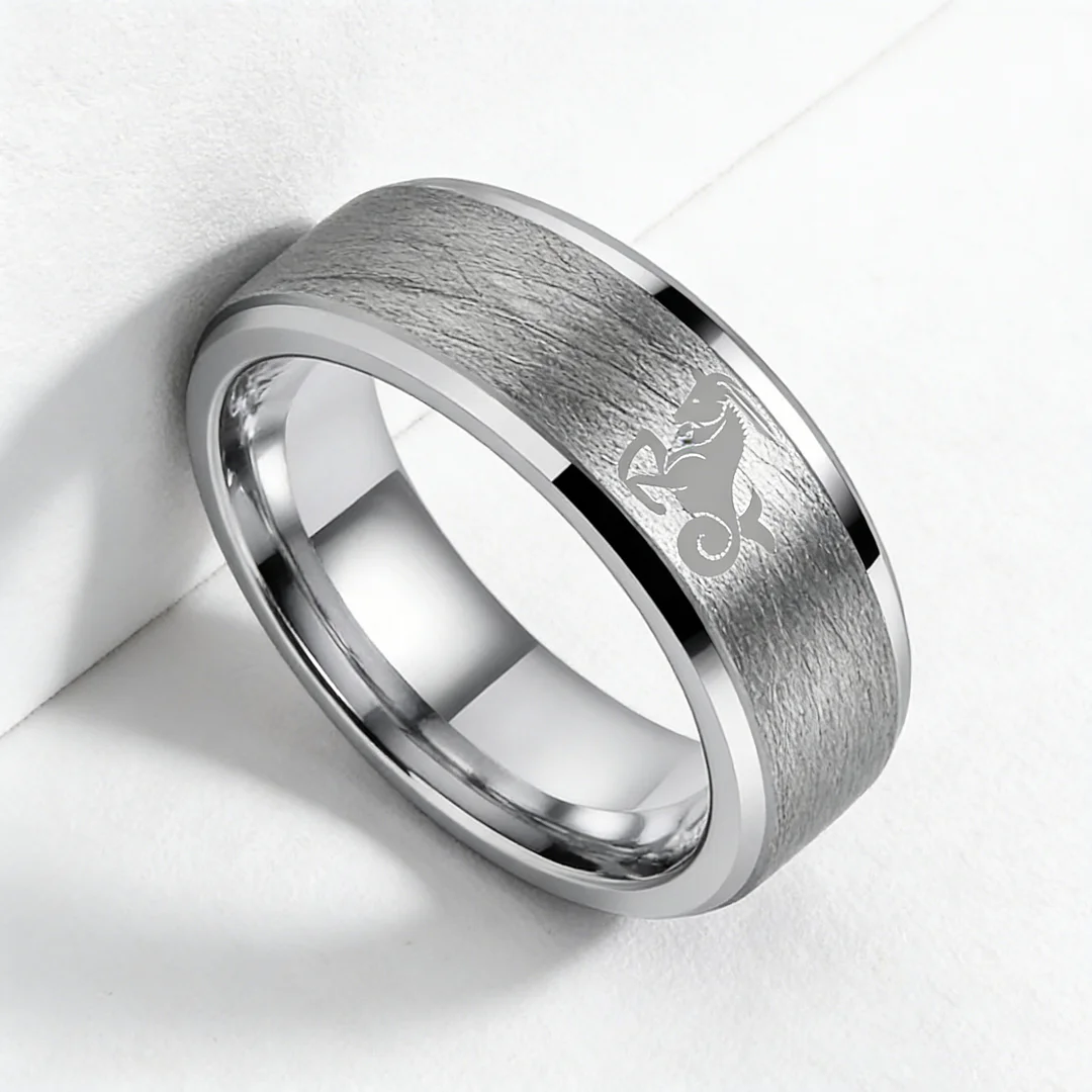 4MM 6MM 8MM Sliver Capricorn Tungsten Carbide Rings Prints Laser Design Open Steps Tungsten Wedding Bands