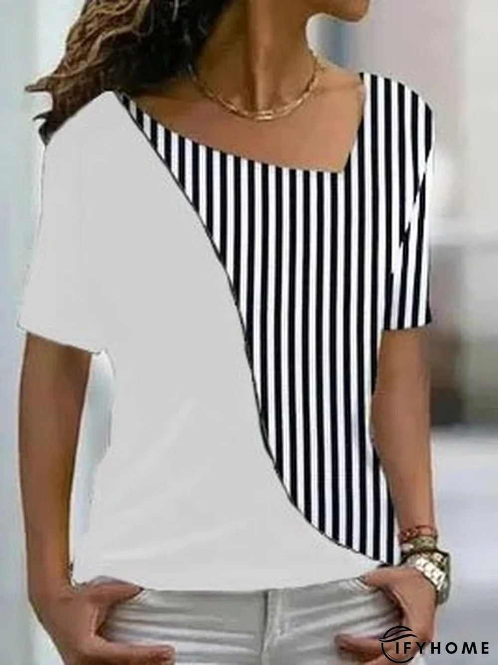 Cotton-Blend V Neck Striped T-Shirt | IFYHOME