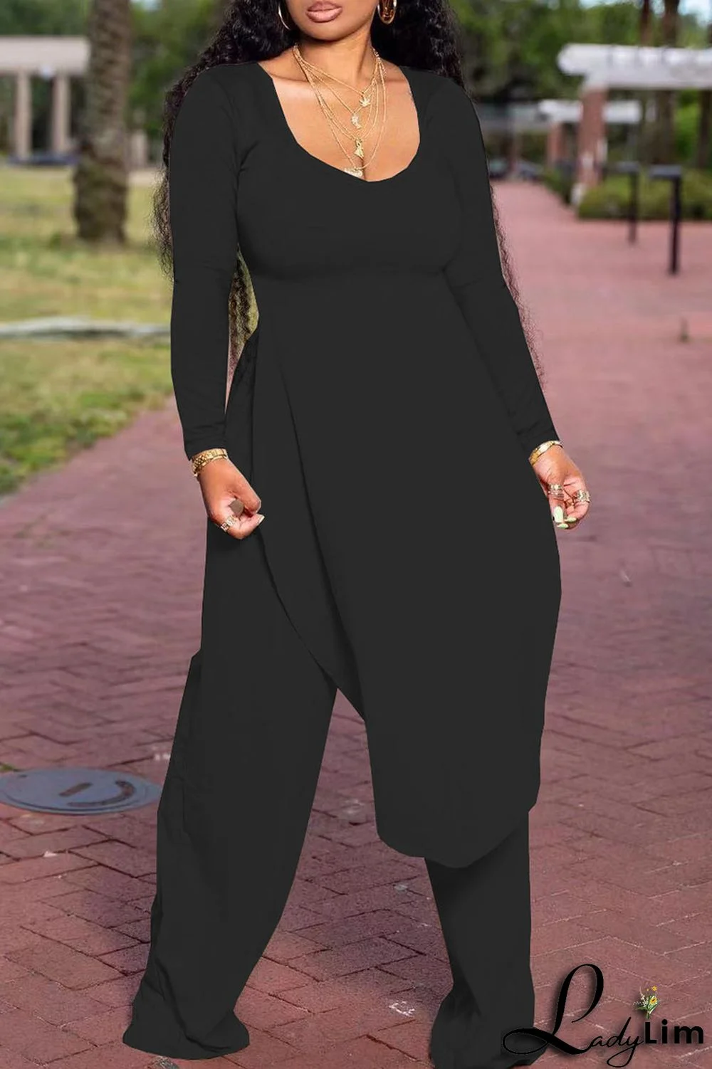 Black Casual Solid Patchwork Slit O Neck Plus Size Two Pieces